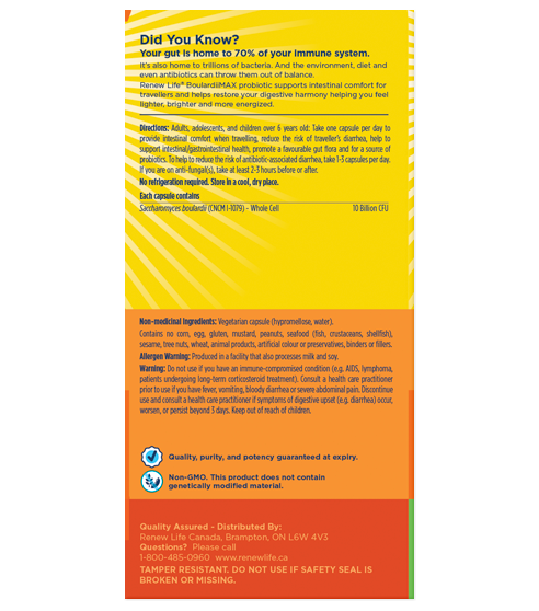 Renew Life® BoulardiiMAX, Antibiotic-Associated diarrhea, Travel Support Probiotic, 10 Billion Active Cultures
